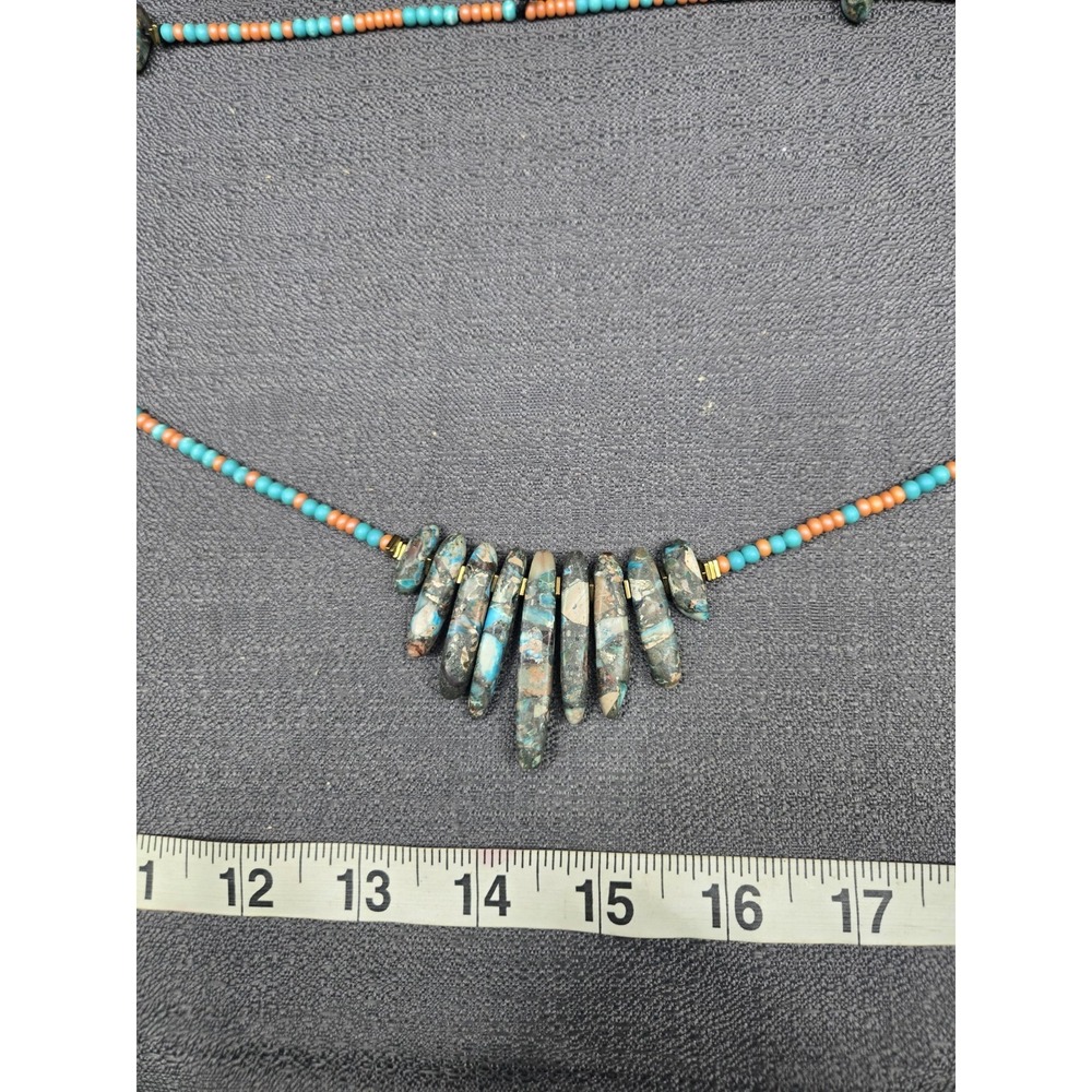 Southwestern Turquoise Stone‎ Spike Beaded Necklace 18" Boho